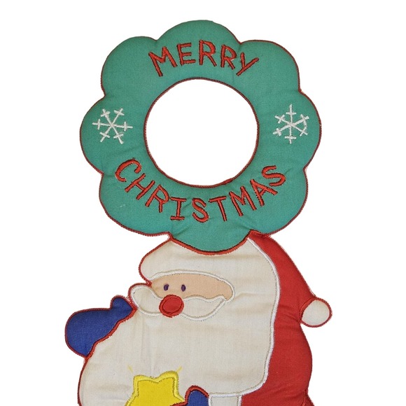 Vintage Fabric Merry Christmas Door Knob Hanger Santa Star Wreath - Picture 2 of 8